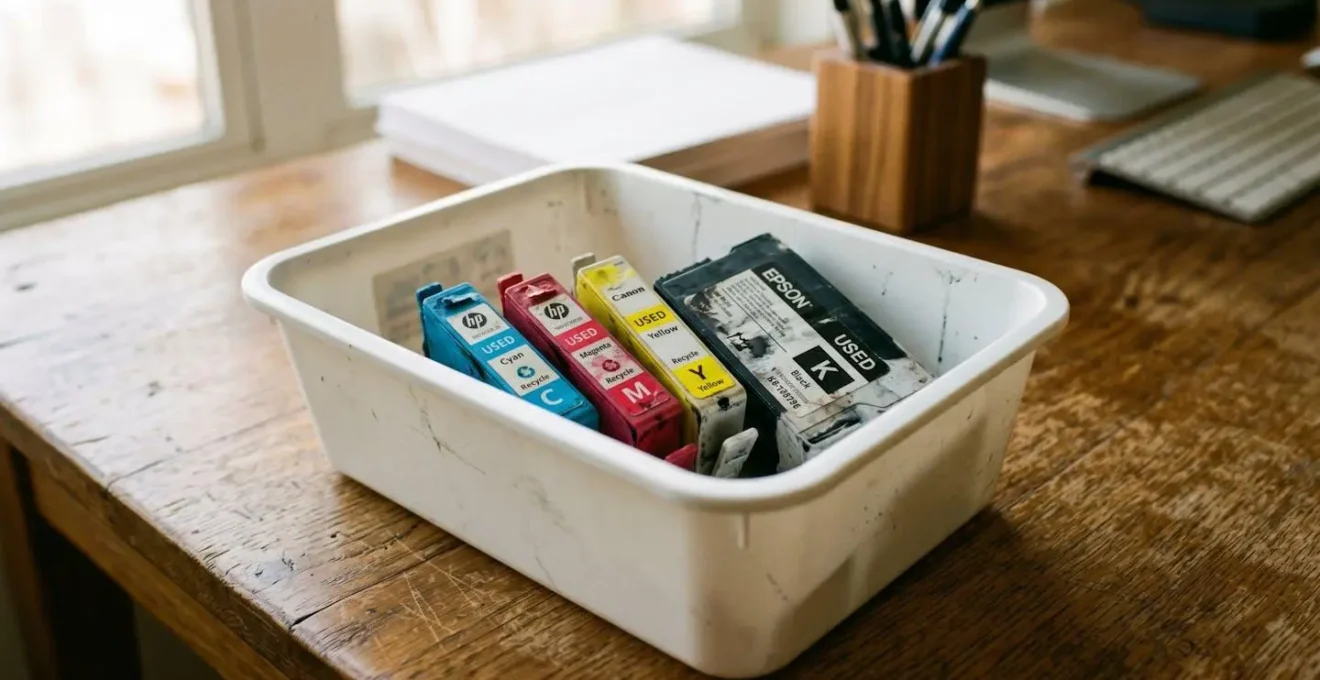 Plusieurs cartouches d'encre usagées colorées déposées dans un bac de collecte blanc posé sur un bureau
