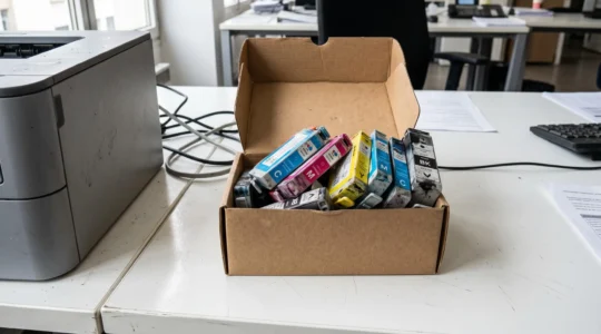 Plusieurs cartouches d'encre usagées colorées déposées dans un bac de collecte blanc posé sur un bureau