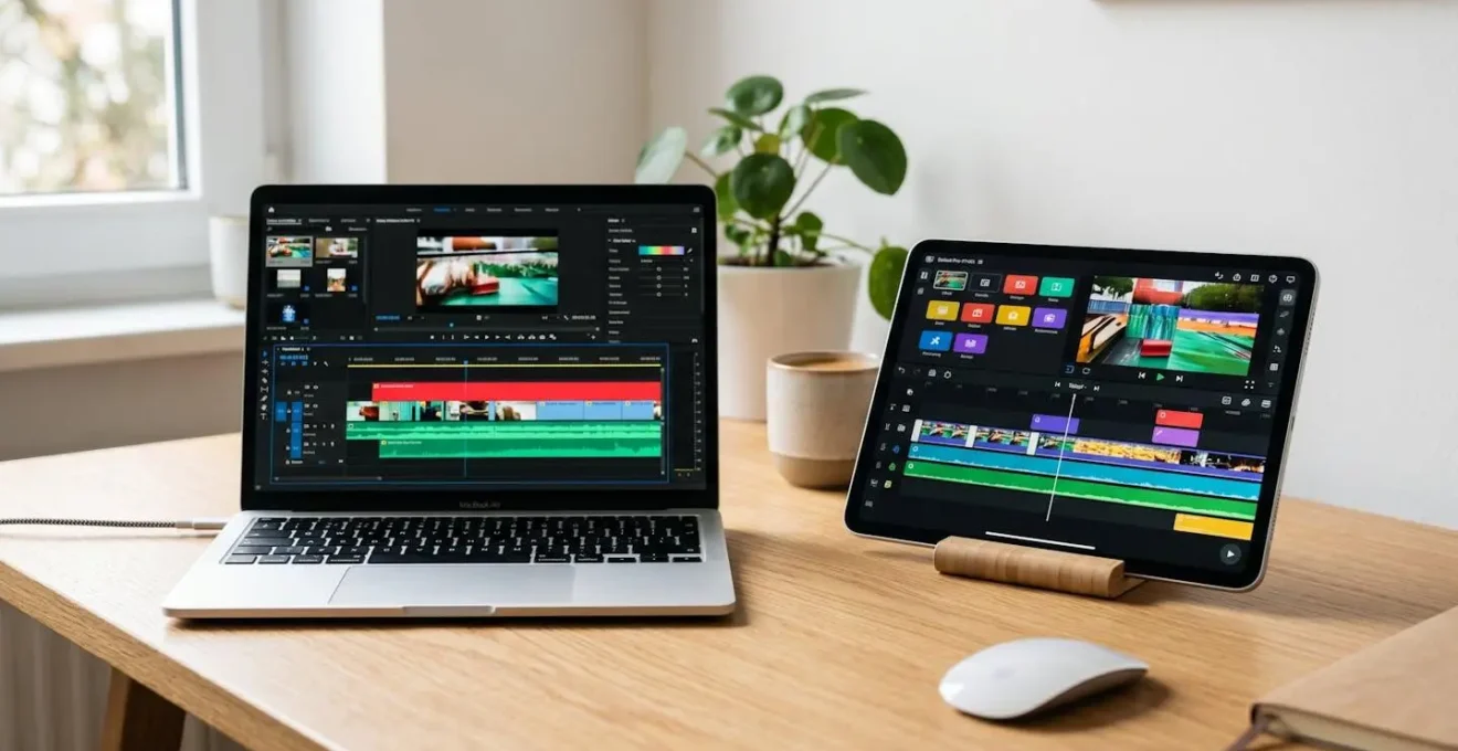 Une tablette et un ordinateur portable côte à côte montrant deux interfaces différentes d'édition vidéo, dans un espace de travail épuré