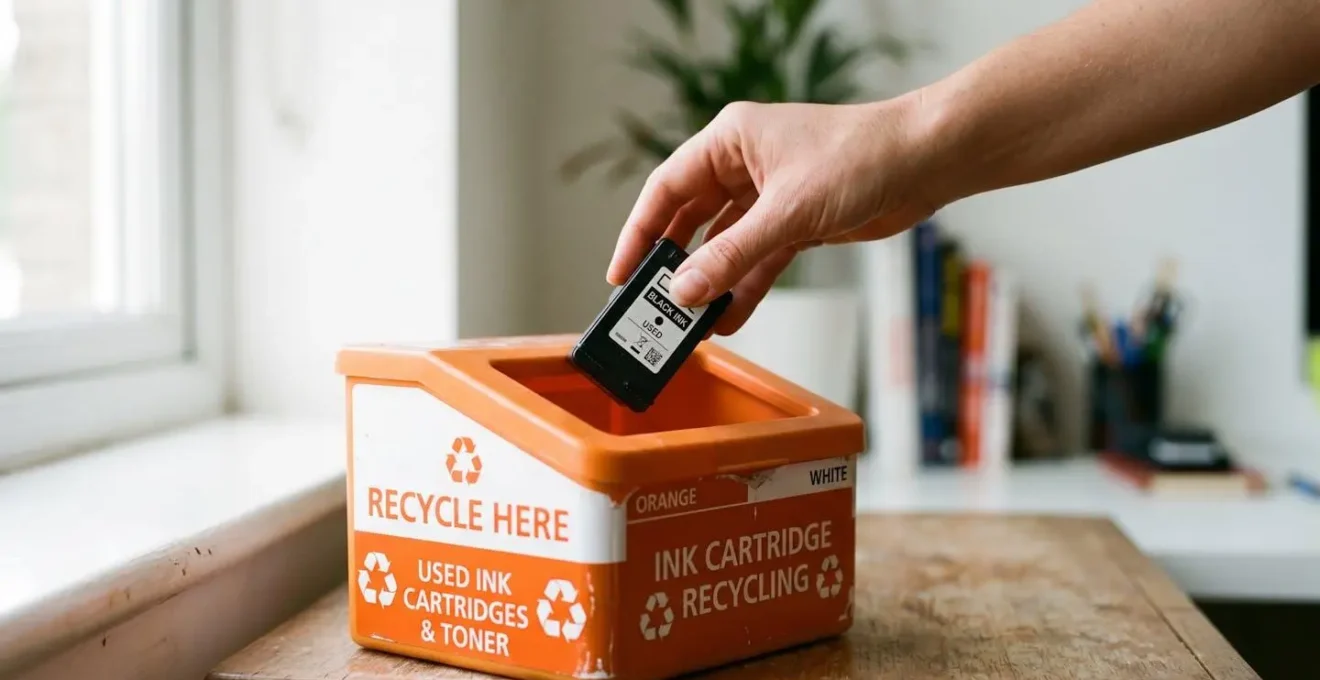 Gros plan d'une main posant délicatement une cartouche d'encre noire dans un bac de collecte orange et blanc