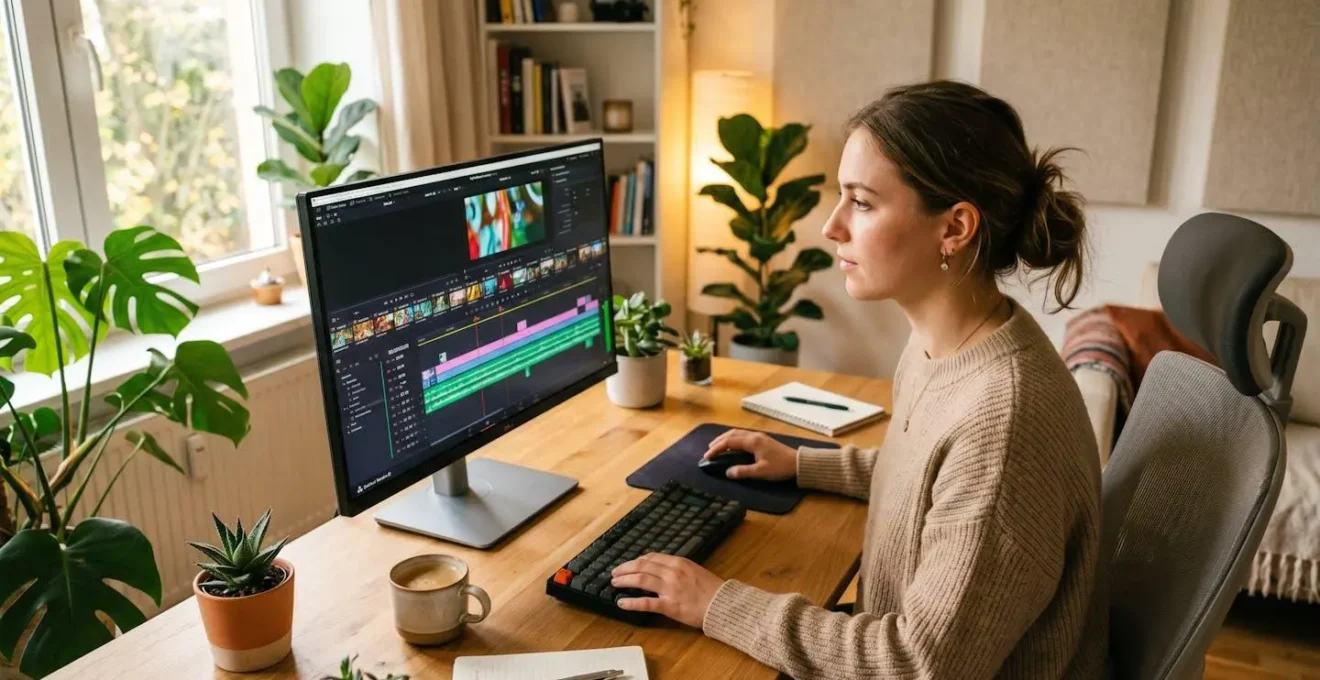 Une jeune femme concentrée devant son écran d'ordinateur, travaillant sur une timeline de montage vidéo dans une pièce lumineuse