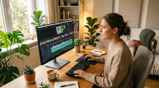 Une jeune femme concentrée devant son écran d'ordinateur, travaillant sur une timeline de montage vidéo dans une pièce lumineuse