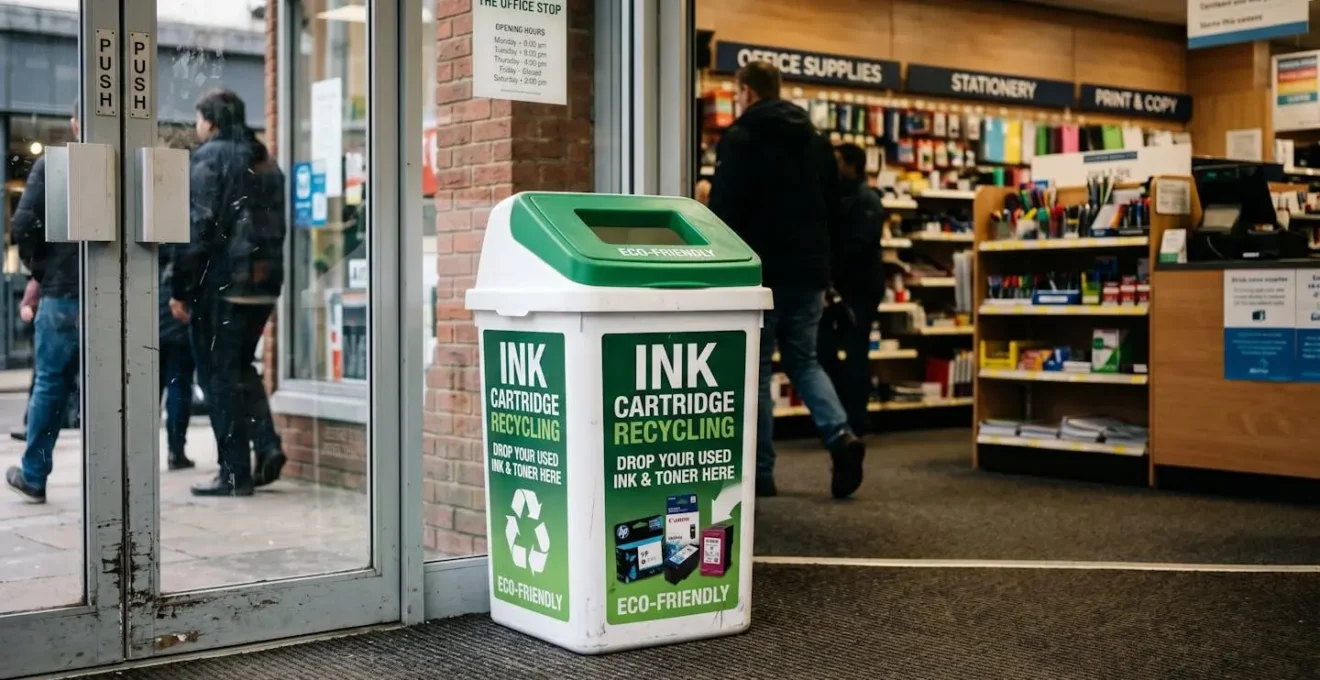Bac de collecte de cartouches d'encre usagées installé à l'entrée d'une grande surface de fournitures de bureau