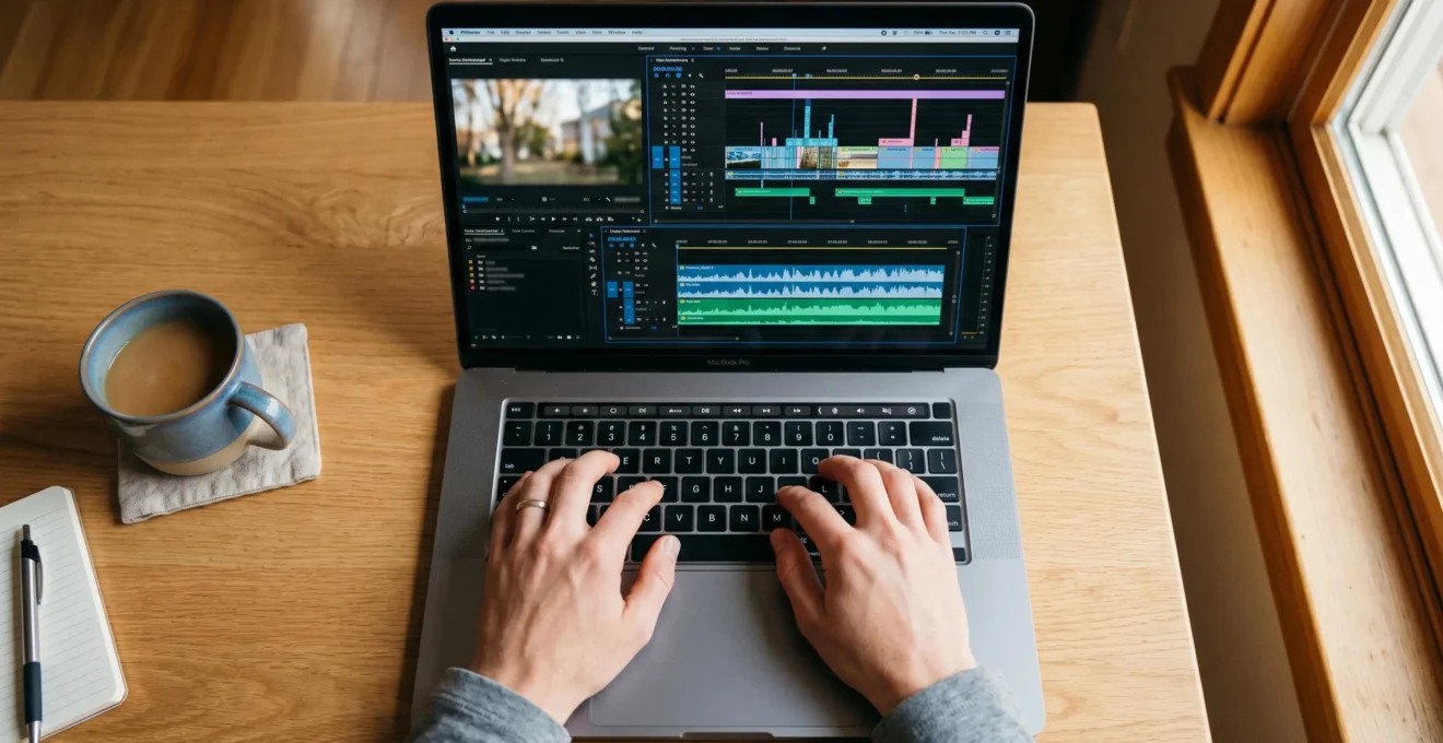 Vue en plongée sur des mains posées sur un clavier d'ordinateur portable, avec un écran affichant une timeline vidéo colorée avec plusieurs pistes audio et vidéo