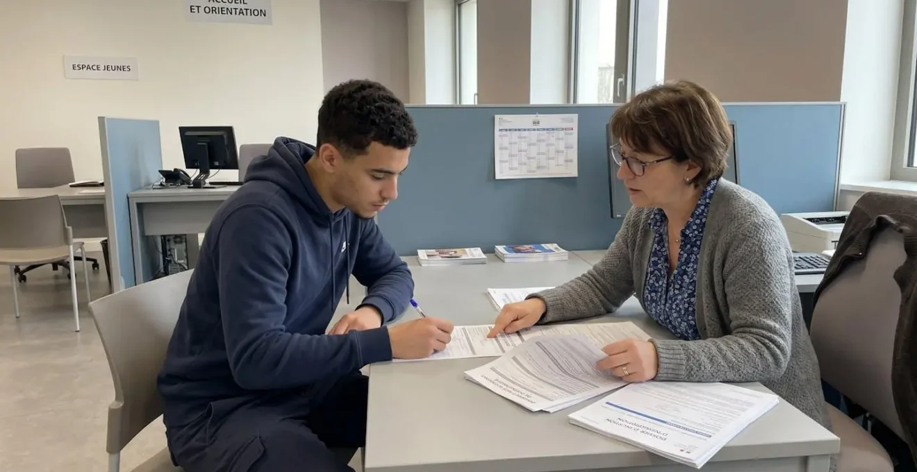 Jeune adulte effectuant des démarches pour obtenir des aides au permis dans un bureau administratif français