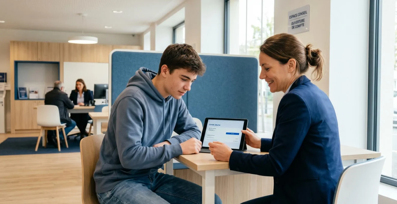 Jeune homme de 17 ans consultant les options du Livret Jeune sur tablette avec un conseiller bancaire dans une agence moderne aux tons clairs