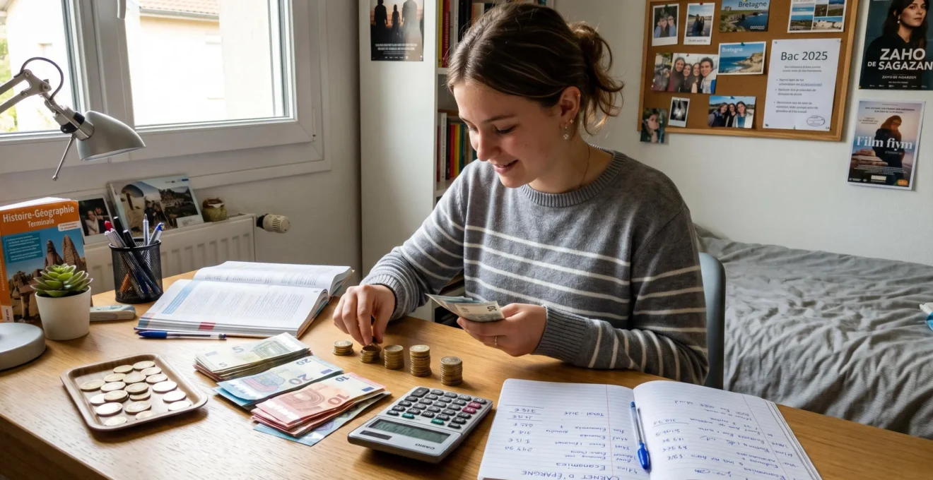 Lycéenne de 16 ans organisant ses économies d'argent de poche sur son bureau avec calculatrice et carnet de comptes