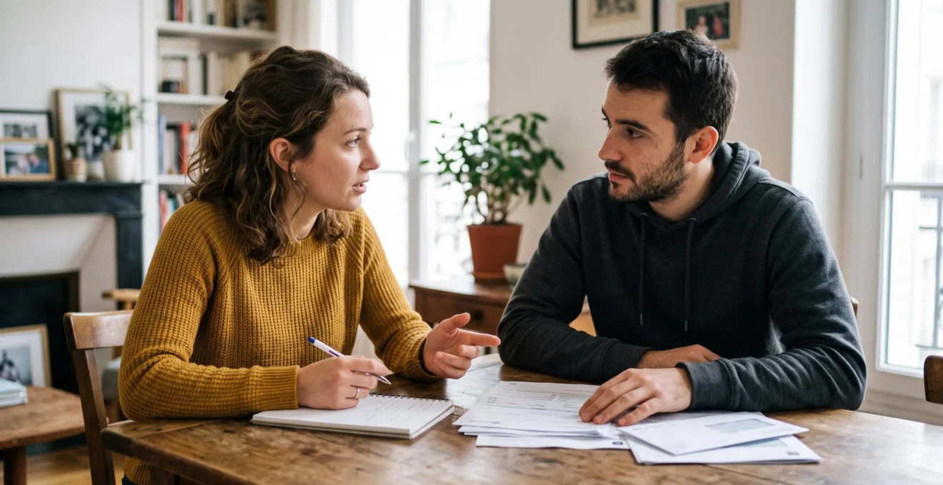 Un frère et une sœur discutent de leurs finances communes autour d'une table avec des documents et des notes.